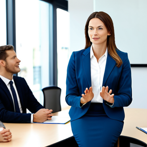 Home 22 A professional female wellness coordinator in a modest business suit, standing in a bright, modern corporate office. She is presenting to a diverse group of fully clothed employees, who are seated attentively. The scene emphasizes an engaging and collaborative atmosphere focused on employee well-being and stress management. Perfect anatomy, correct proportions, natural pose, well-formed hands, proper finger count. Professional photography, high quality, safe for work, appropriate content, fully clothed, professional dress.