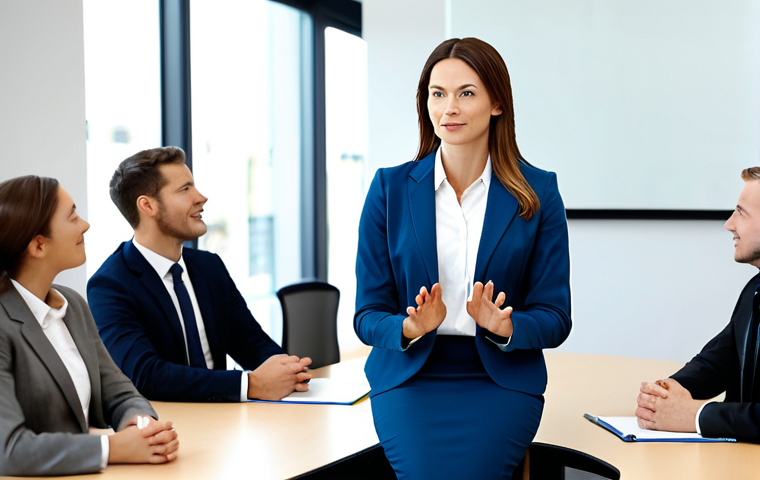 A professional female wellness coordinator in a modest business suit, standing in a bright, modern corporate office. She is presenting to a diverse group of fully clothed employees, who are seated attentively. The scene emphasizes an engaging and collaborative atmosphere focused on employee well-being and stress management. Perfect anatomy, correct proportions, natural pose, well-formed hands, proper finger count. Professional photography, high quality, safe for work, appropriate content, fully clothed, professional dress.