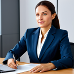 **

A professional businesswoman in a modest business suit, sitting at a desk in a modern office, fully clothed, appropriate attire, safe for work, perfect anatomy, natural proportions, professional photography, high quality.

**