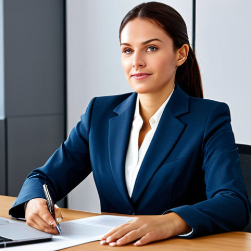 Home 21 **
A professional businesswoman in a modest business suit, sitting at a desk in a modern office, fully clothed, appropriate attire, safe for work, perfect anatomy, natural proportions, professional photography, high quality.
**