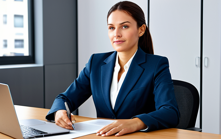 **

A professional businesswoman in a modest business suit, sitting at a desk in a modern office, fully clothed, appropriate attire, safe for work, perfect anatomy, natural proportions, professional photography, high quality.

**