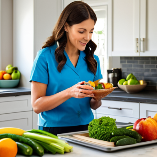 Home 10 **
"A professional wellness coordinator, fully clothed in modest professional attire, guiding a person through a mindful eating exercise in a sunlit kitchen filled with organic fruits and vegetables. Safe for work, appropriate content, perfect anatomy, natural proportions, family-friendly, professional photography, high quality, focus on healthy lifestyle and positive guidance."
**