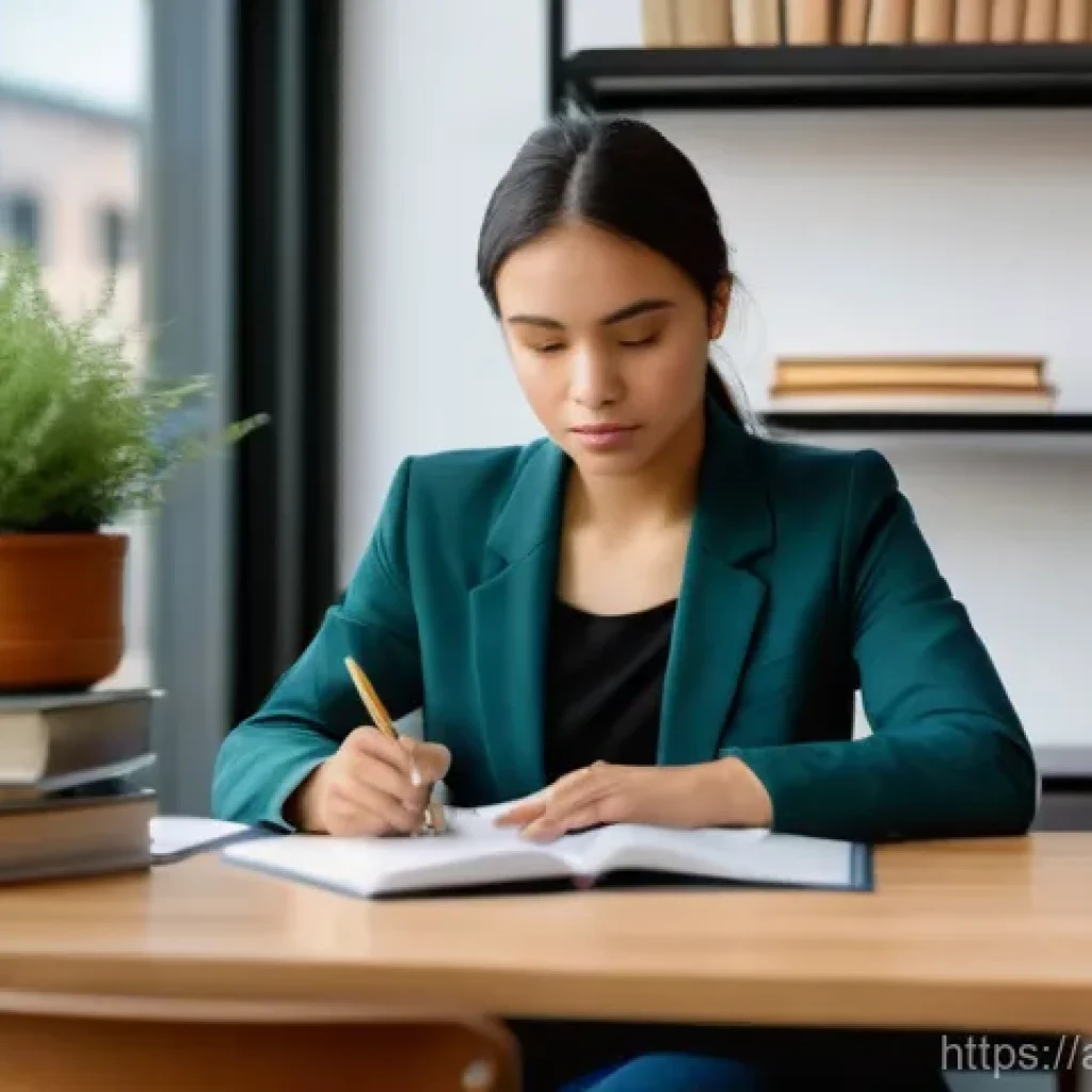 웰빙코디네이터의 경력 관리 - **Prompt:** A focused and professional young woman, in her late 20s, with a determined expression, i...