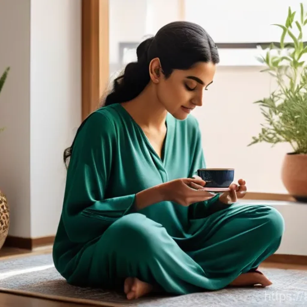 웰빙코디네이터가 주도한 프로젝트 사례 - **Serene Morning Ritual in a Modern Arab Home:**
    A solo adult woman, aged around 30-40, is seate...