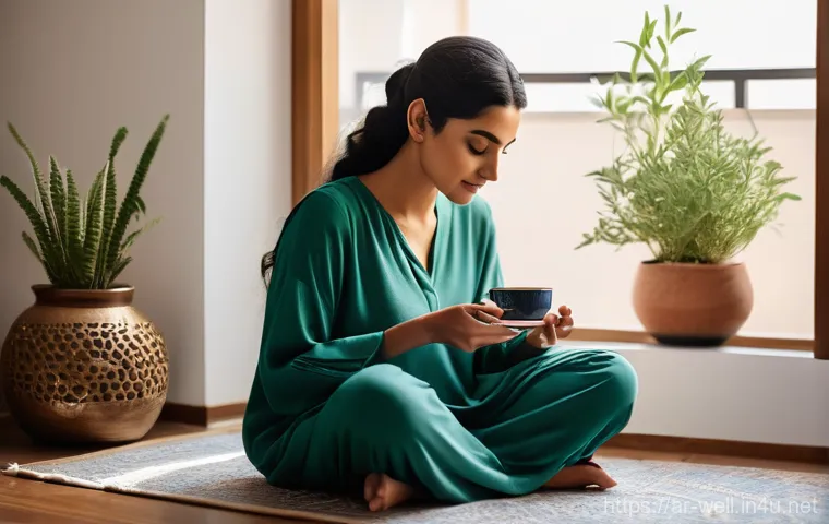 웰빙코디네이터가 주도한 프로젝트 사례 - **Serene Morning Ritual in a Modern Arab Home:**
    A solo adult woman, aged around 30-40, is seate...