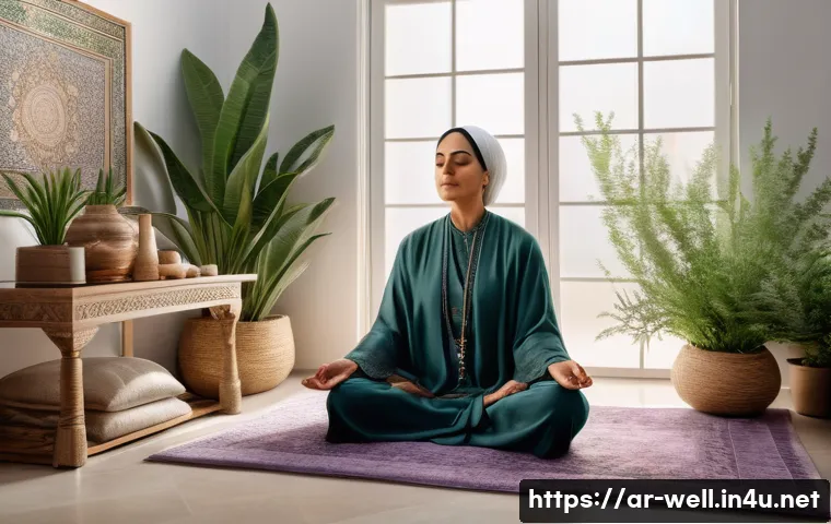 웰빙코디네이터와 웰니스 트렌드 - A serene indoor scene showcasing a modern Arabic home environment with soft natural lighting and ele...