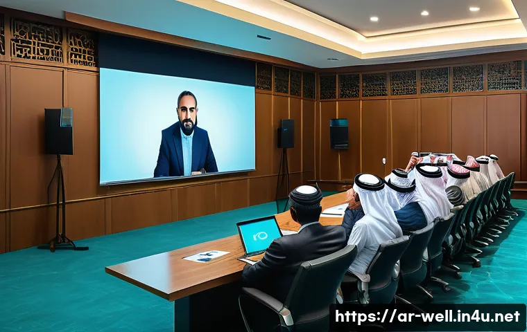 웰빙코디네이터와 효과적인 강의 제작 - A professional lecture scene in a modern conference room filled with a diverse Arab audience, includ...