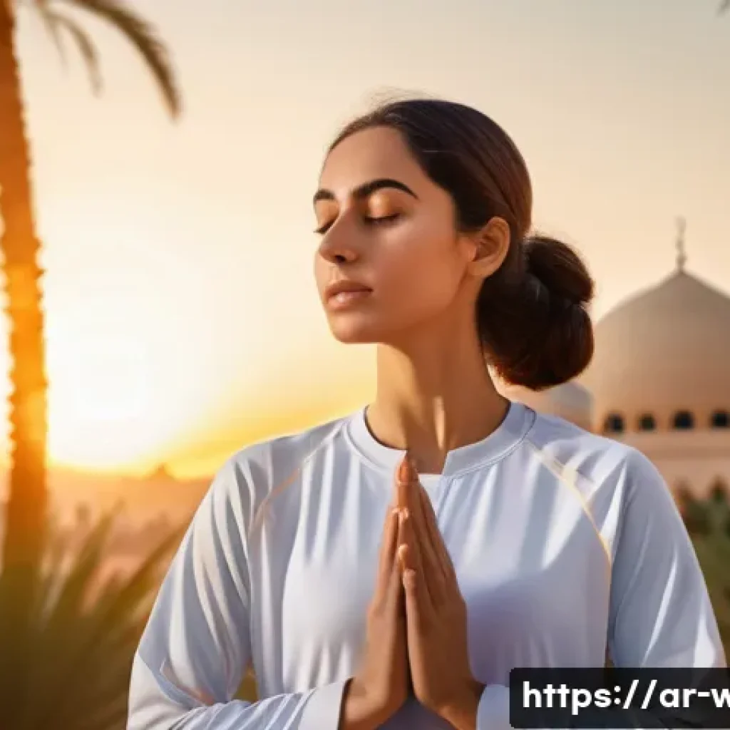 웰빙코디네이터와 건강 개선 목표 달성 - A serene Middle Eastern woman in modest activewear practicing deep breathing and meditation outdoors...