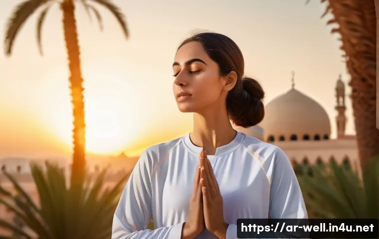 웰빙코디네이터와 건강 개선 목표 달성 - A serene Middle Eastern woman in modest activewear practicing deep breathing and meditation outdoors...
