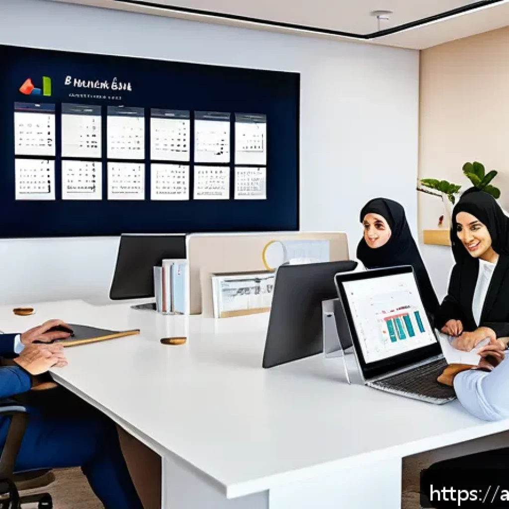 웰빙코디네이터와 협업 도구 사용법 - A modern Arab office environment showcasing a diverse team of Arabic-speaking professionals collabor...
