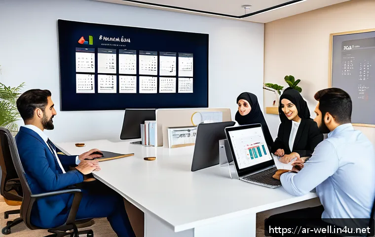웰빙코디네이터와 협업 도구 사용법 - A modern Arab office environment showcasing a diverse team of Arabic-speaking professionals collabor...