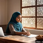 Home 22 웰빙코디네이터와 건강 목표 달성 기술 - A serene Middle Eastern home office scene showcasing a modern Arabic woman in modest, comfortable at...
