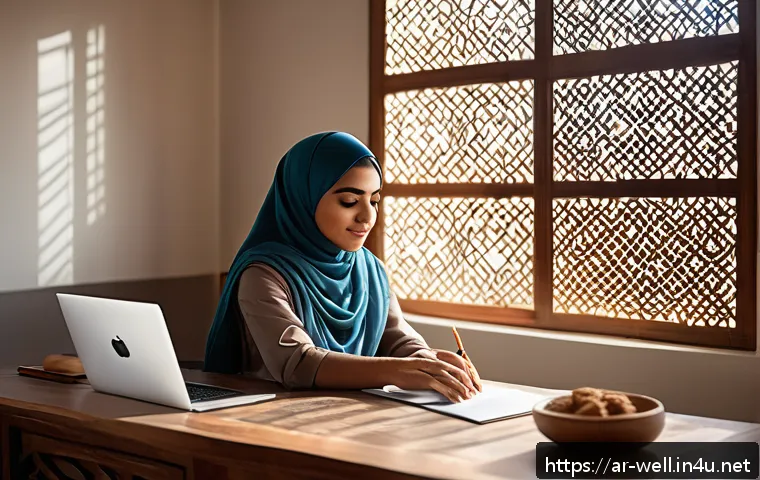 웰빙코디네이터와 건강 목표 달성 기술 - A serene Middle Eastern home office scene showcasing a modern Arabic woman in modest, comfortable at...