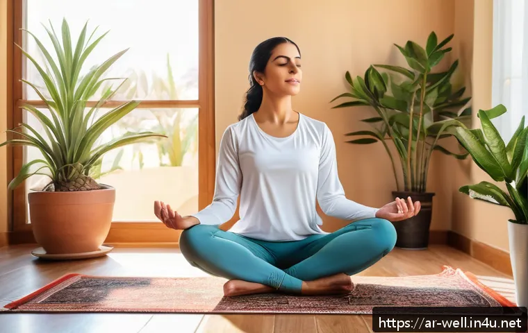 웰빙코디네이터와 건강 목표 분석 - A peaceful morning routine scene in a modern Middle Eastern home, featuring a healthy adult Arab wom...