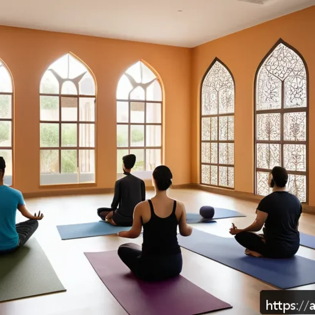 웰빙코디네이터와 커뮤니티 구축 - A serene community wellness center interior designed with warm Arabic architectural elements such as...