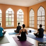 Home 18 웰빙코디네이터와 커뮤니티 구축 - A serene community wellness center interior designed with warm Arabic architectural elements such as...