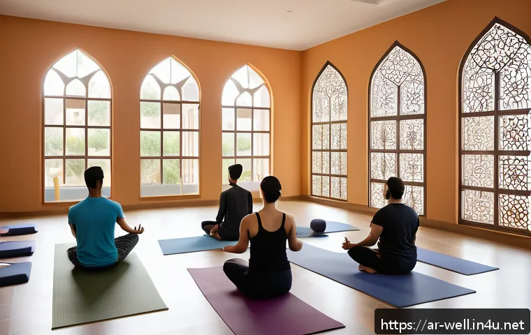 웰빙코디네이터와 커뮤니티 구축 - A serene community wellness center interior designed with warm Arabic architectural elements such as...
